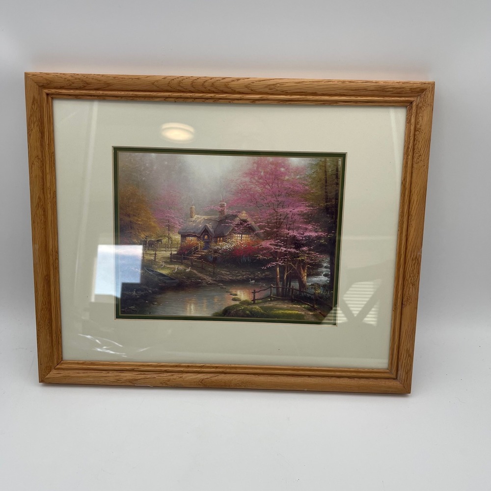 Thomas Kinkade Cottage Landscape‎ Framed Art Print Oak Wood Frame Double Matted